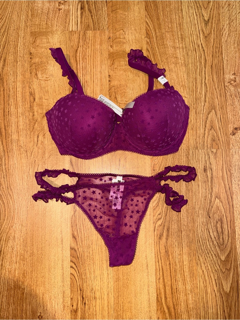 PINK Victoria's Secret Plum Star Lace Push-Up Bra & Strappy Thong Set